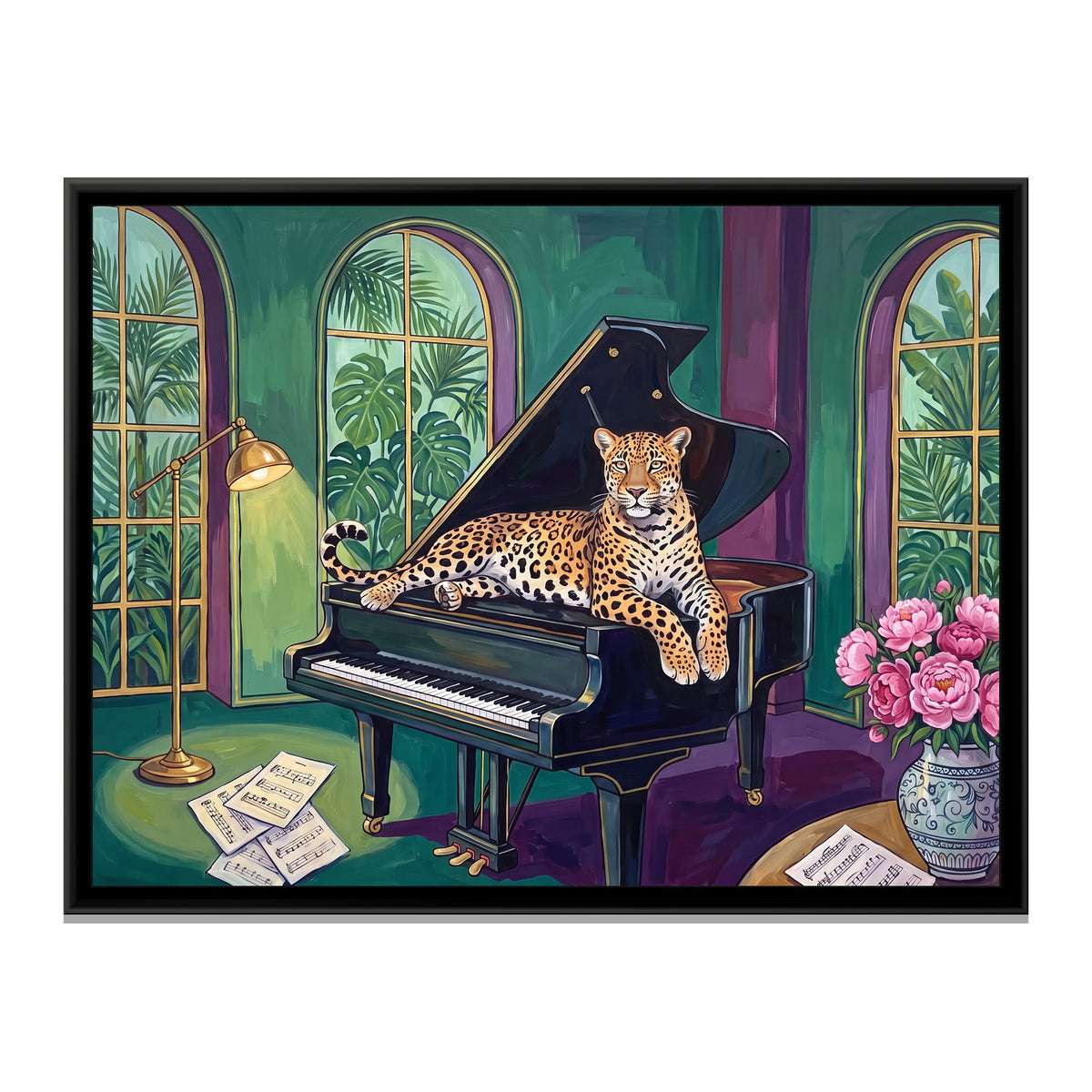 Leopard on a Grand Piano - framed canvas print, front view