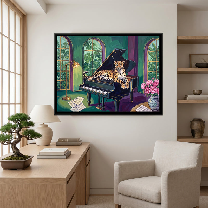 Leopard on a Grand Piano - canvas art shown in a styled room