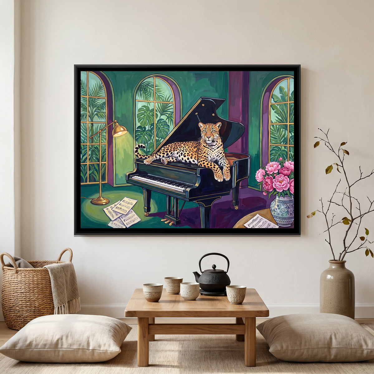 Leopard on a Grand Piano - canvas art shown in a second room setting