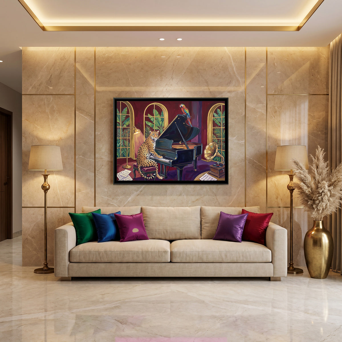 Leopard on a Grand Piano in Oxblood and Gold - canvas art shown in a styled room