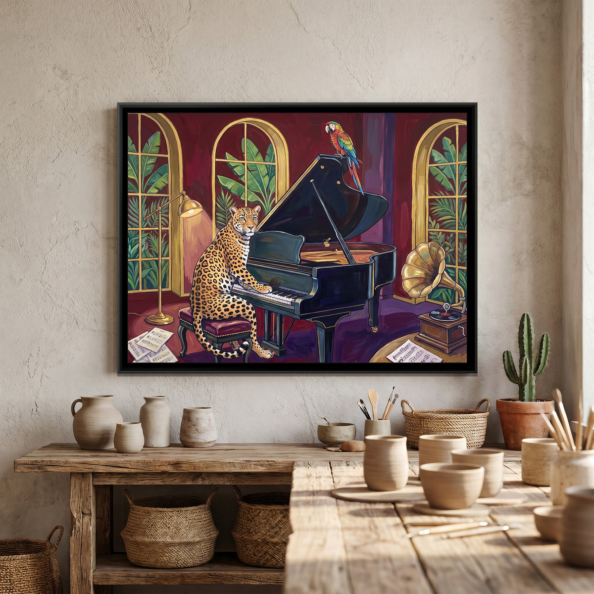 Leopard on a Grand Piano in Oxblood and Gold - canvas art shown in a second room setting