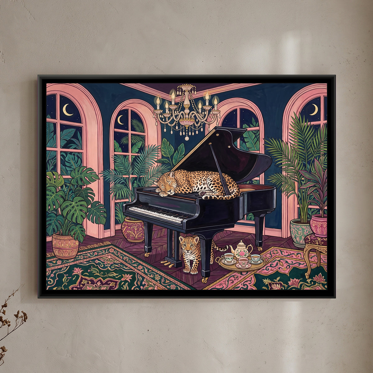 Leopard on a Grand Piano in Midnight Blue and Blush - framed canvas art hung on a wall