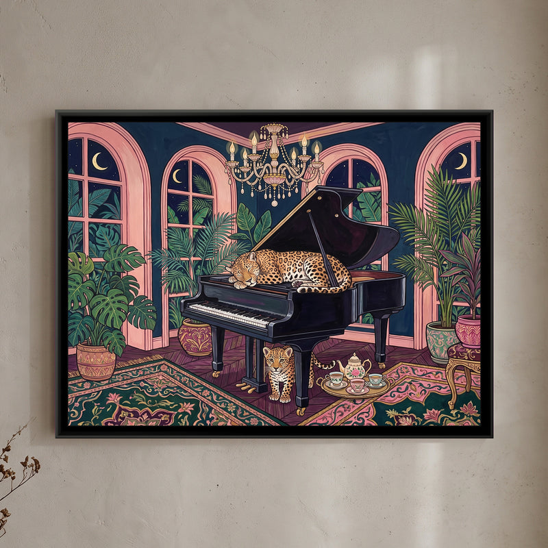 Leopard on a Grand Piano in Midnight Blue and Blush - framed canvas art hung on a wall