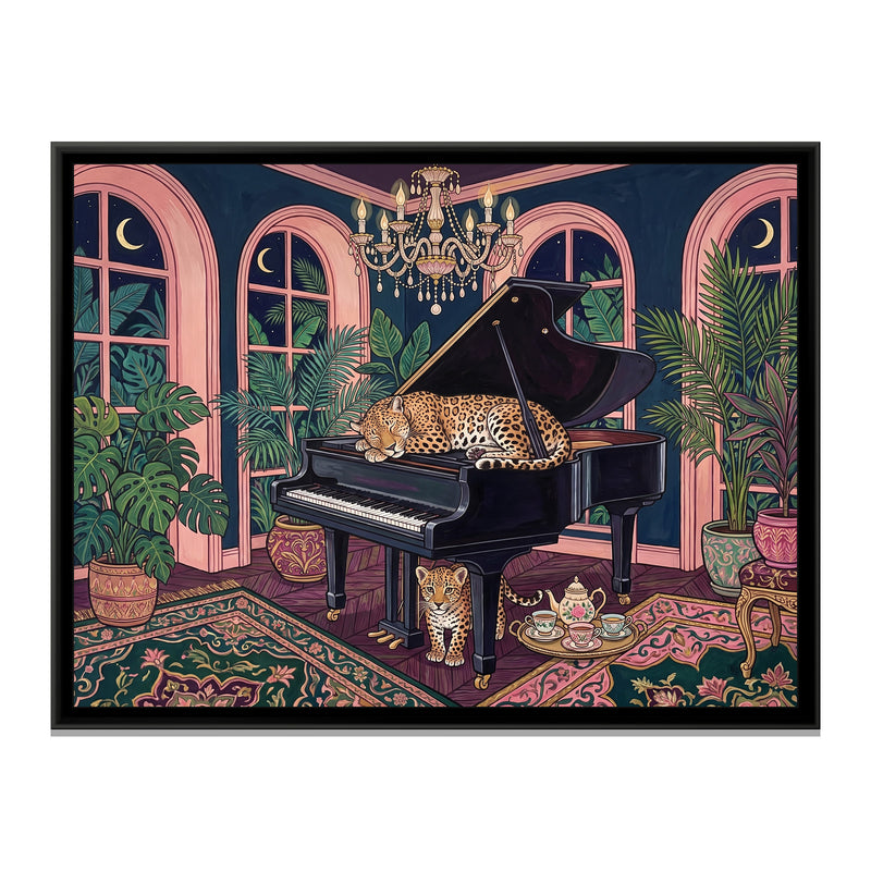 Leopard on a Grand Piano in Midnight Blue and Blush - framed canvas print, front view