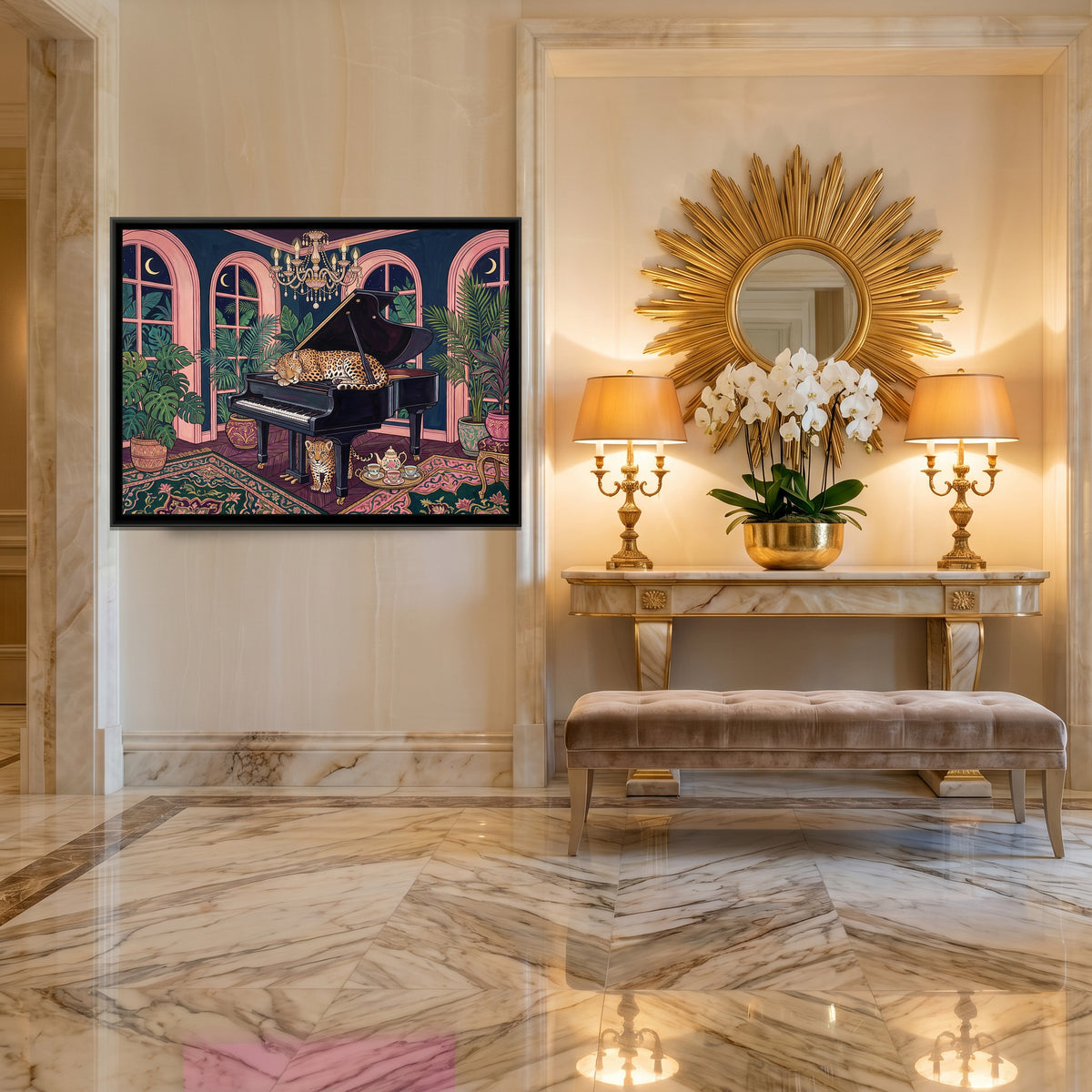 Leopard on a Grand Piano in Midnight Blue and Blush - canvas art shown in a second room setting