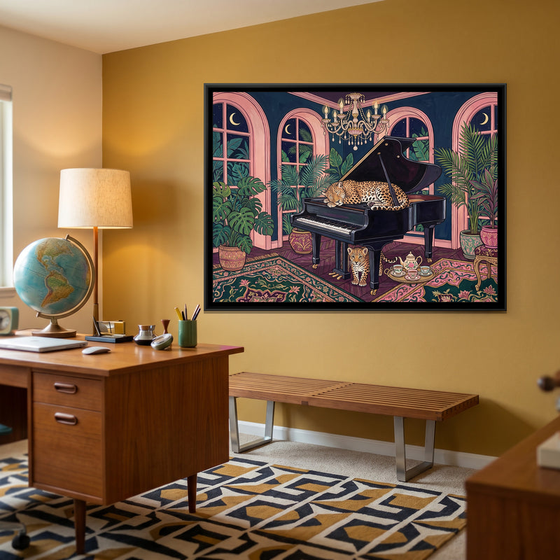 Leopard on a Grand Piano in Midnight Blue and Blush - canvas art shown in a second room setting