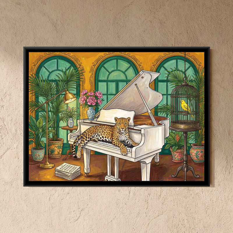 Leopard on a Grand Piano in Saffron and Jade - framed canvas art hung on a wall