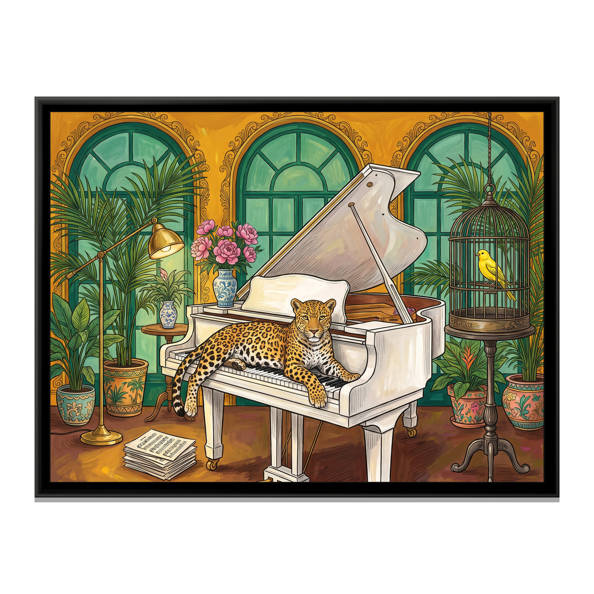 Leopard on a Grand Piano in Saffron and Jade - framed canvas print, front view