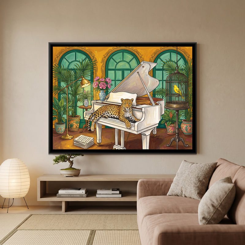 Leopard on a Grand Piano in Saffron and Jade - canvas art shown in a styled room