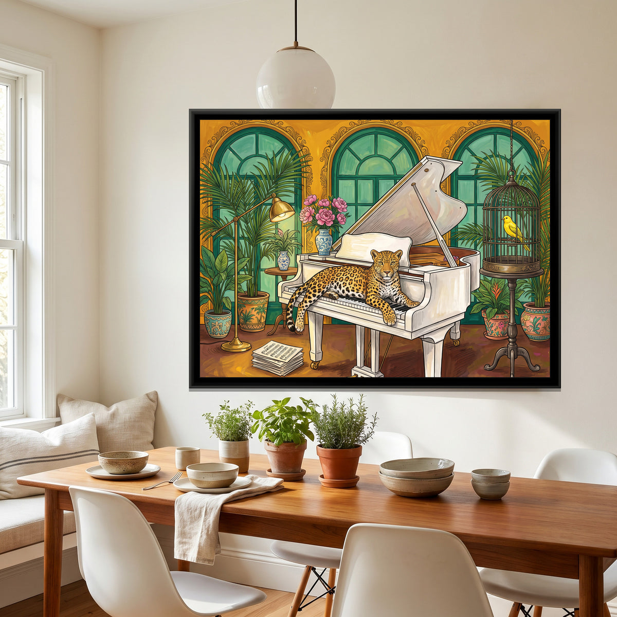 Leopard on a Grand Piano in Saffron and Jade - canvas art shown in a second room setting