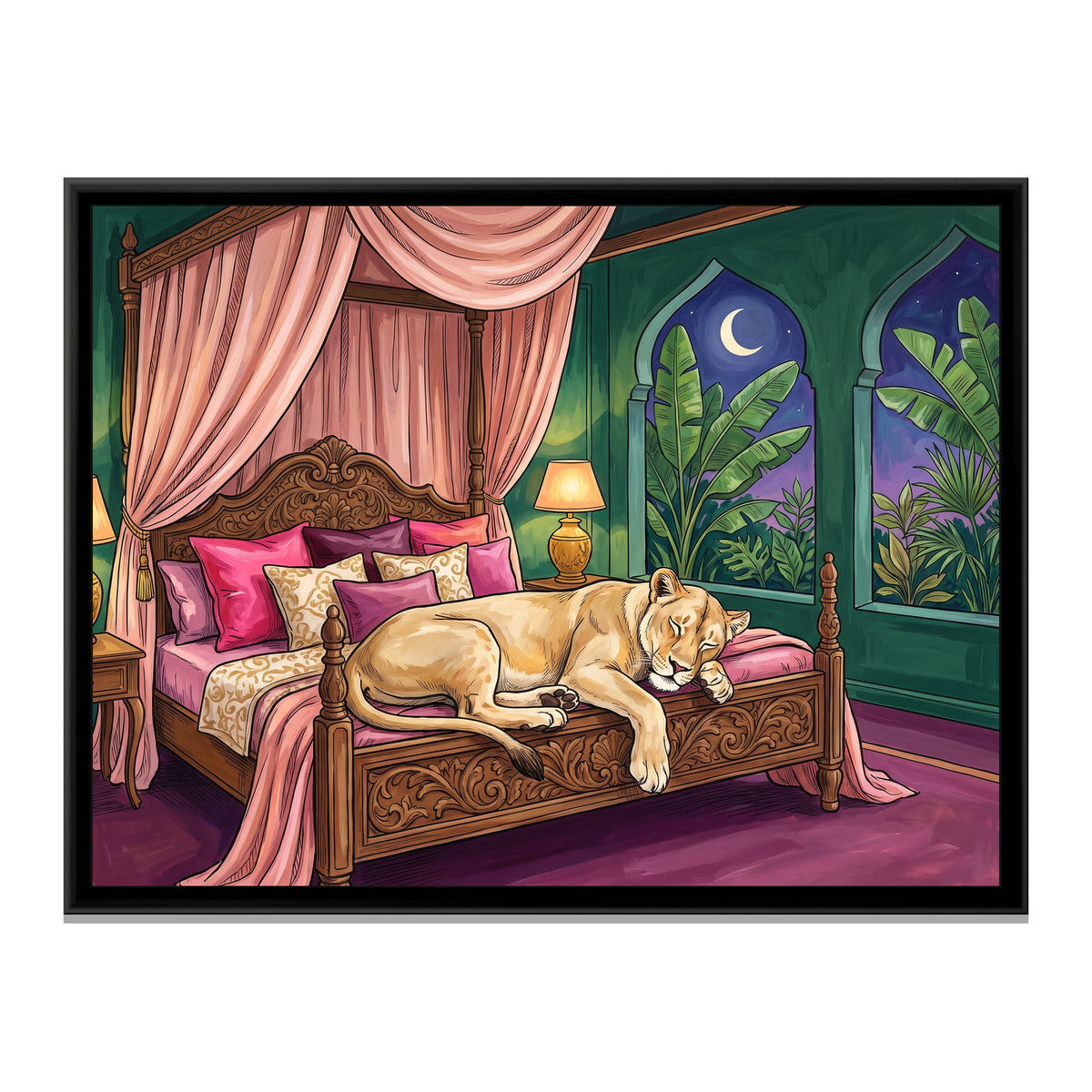 Lioness on a Four-Poster Bed - framed canvas print, front view