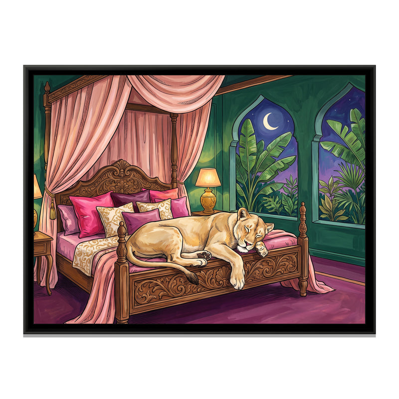 Lioness on a Four-Poster Bed - framed canvas print, front view