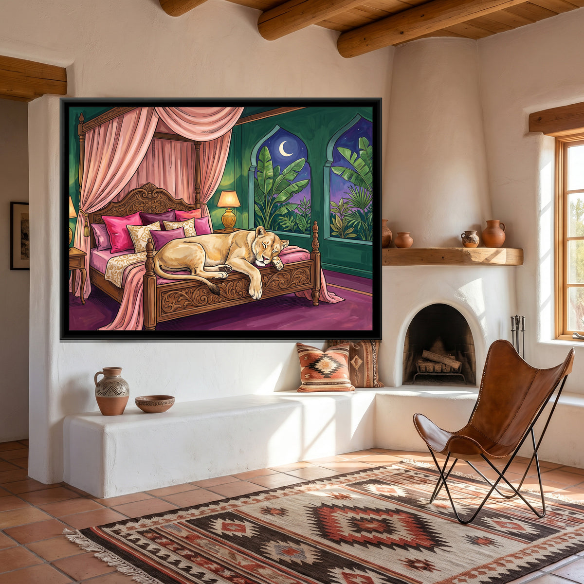 Lioness on a Four-Poster Bed - canvas art shown in a styled room