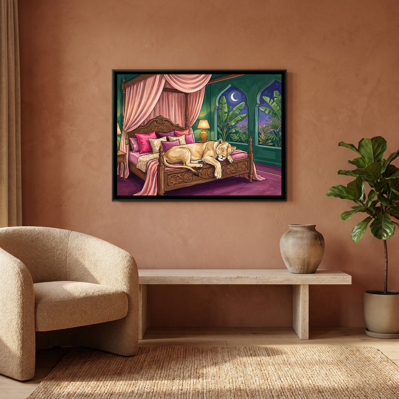 Lioness on a Four-Poster Bed - canvas art shown in a styled room