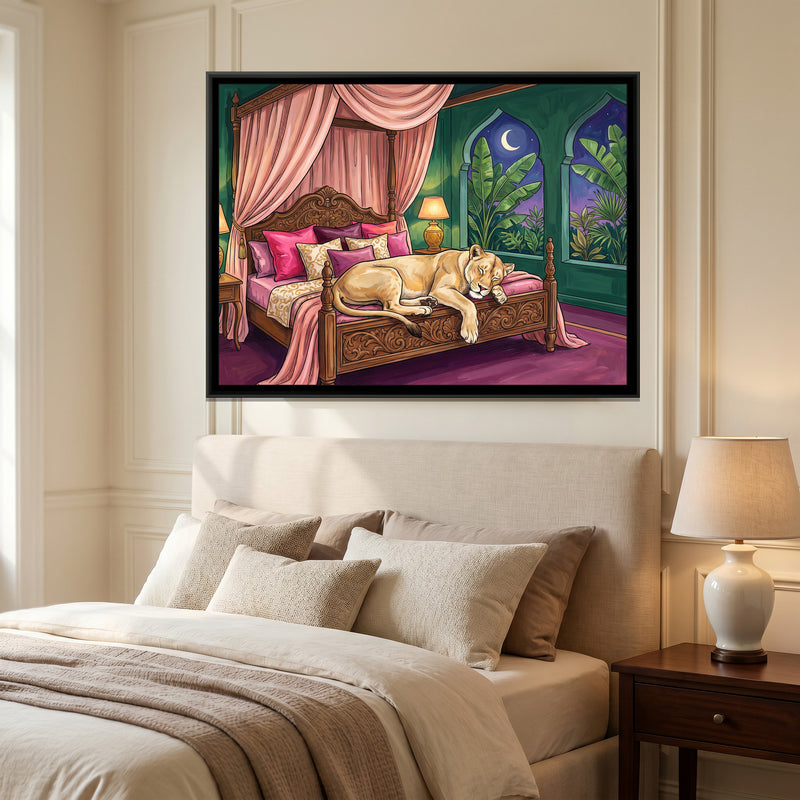 Lioness on a Four-Poster Bed - canvas art shown in a second room setting