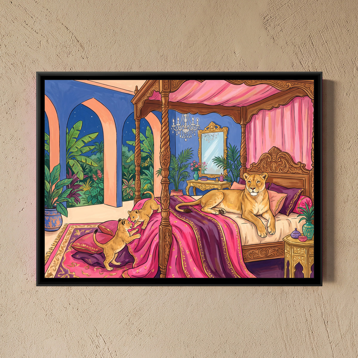 Lioness on a Four-Poster Bed in Cornflower and Peach - framed canvas art hung on a wall