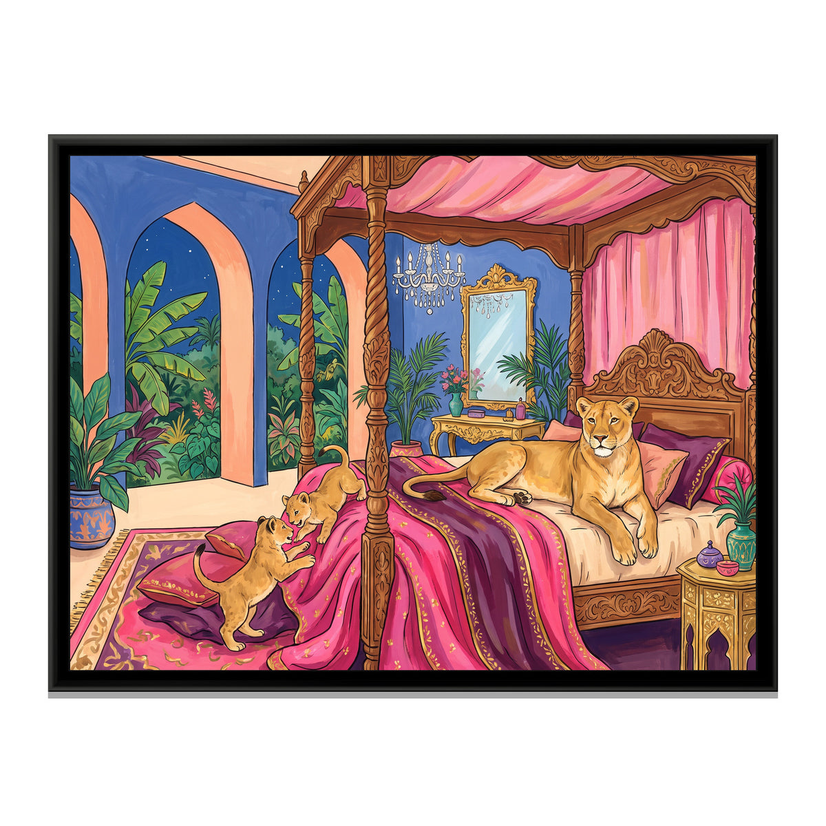 Lioness on a Four-Poster Bed in Cornflower and Peach - framed canvas print, front view