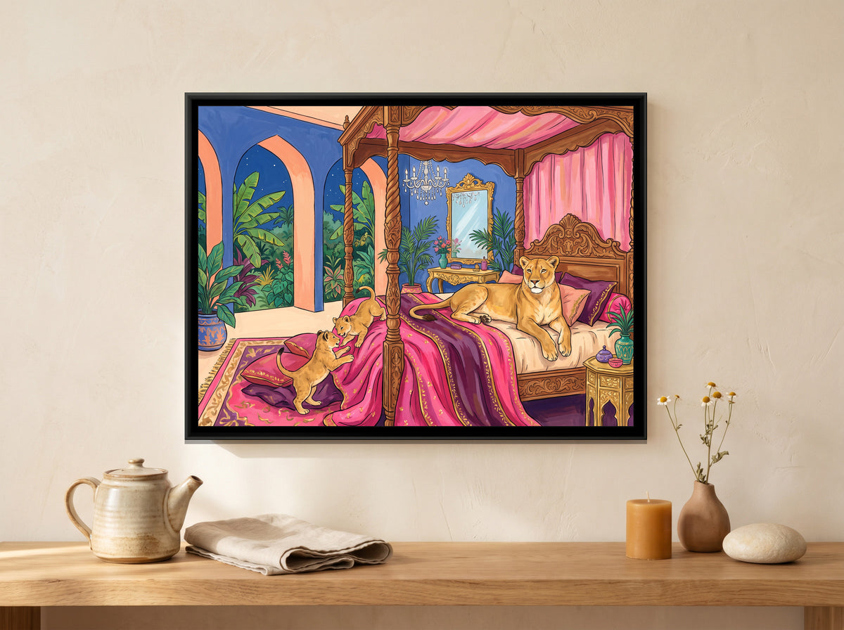 Lioness on a Four-Poster Bed in Cornflower and Peach - canvas art shown in a styled room