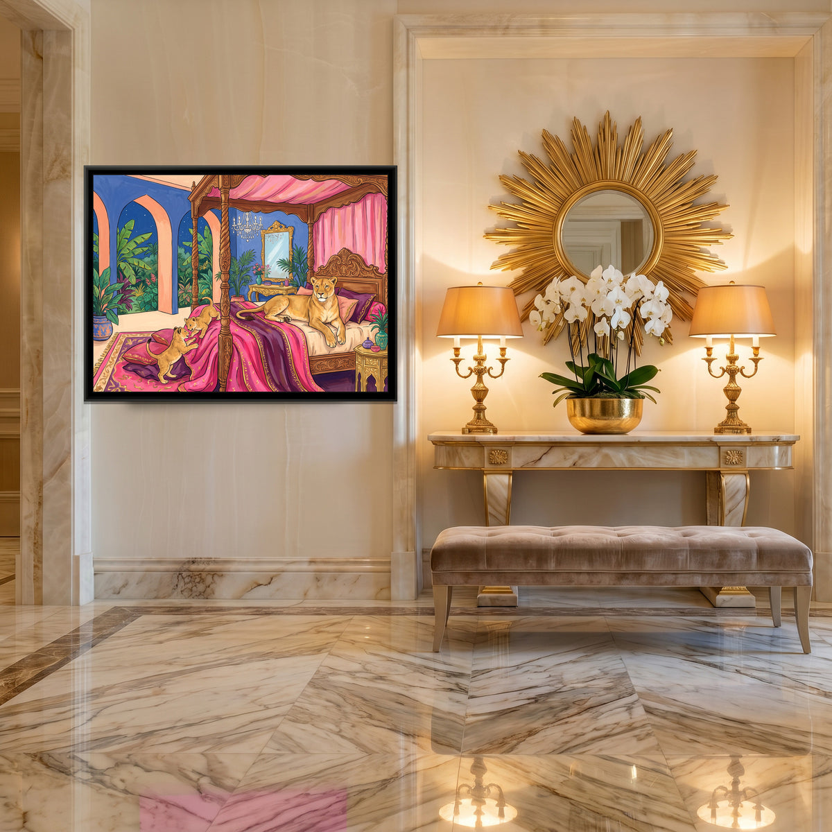 Lioness on a Four-Poster Bed in Cornflower and Peach - canvas art shown in a second room setting