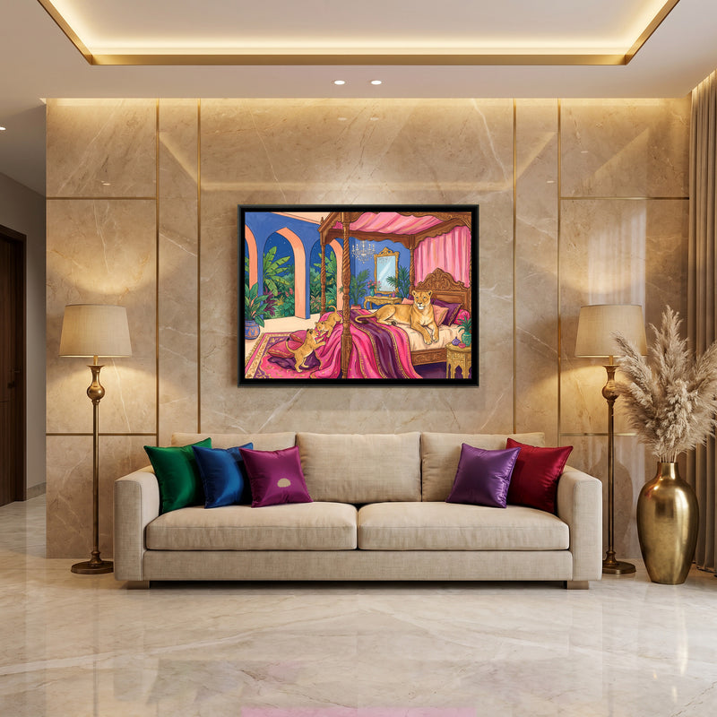 Lioness on a Four-Poster Bed in Cornflower and Peach - canvas art shown in a second room setting