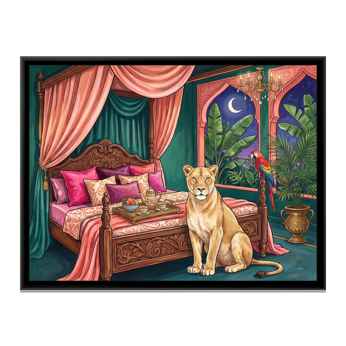 Lioness on a Four-Poster Bed in Deep Teal and Coral - framed canvas print, front view