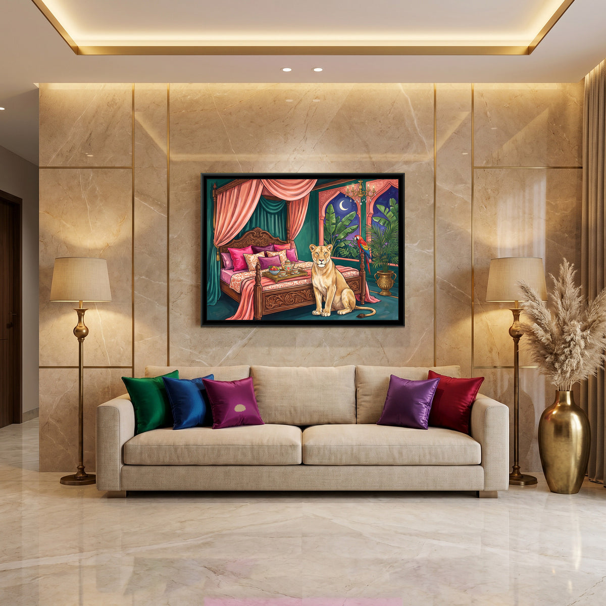 Lioness on a Four-Poster Bed in Deep Teal and Coral - canvas art shown in a styled room