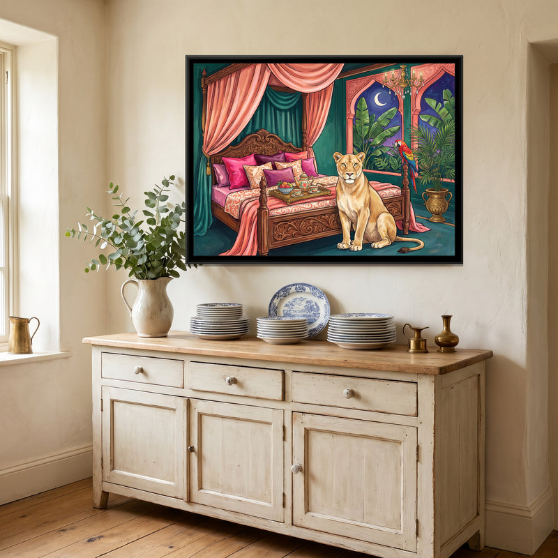 Lioness on a Four-Poster Bed in Deep Teal and Coral - canvas art shown in a second room setting
