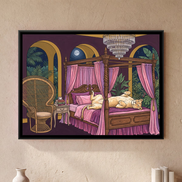 Lioness on a Four-Poster Bed in Aubergine and Mustard