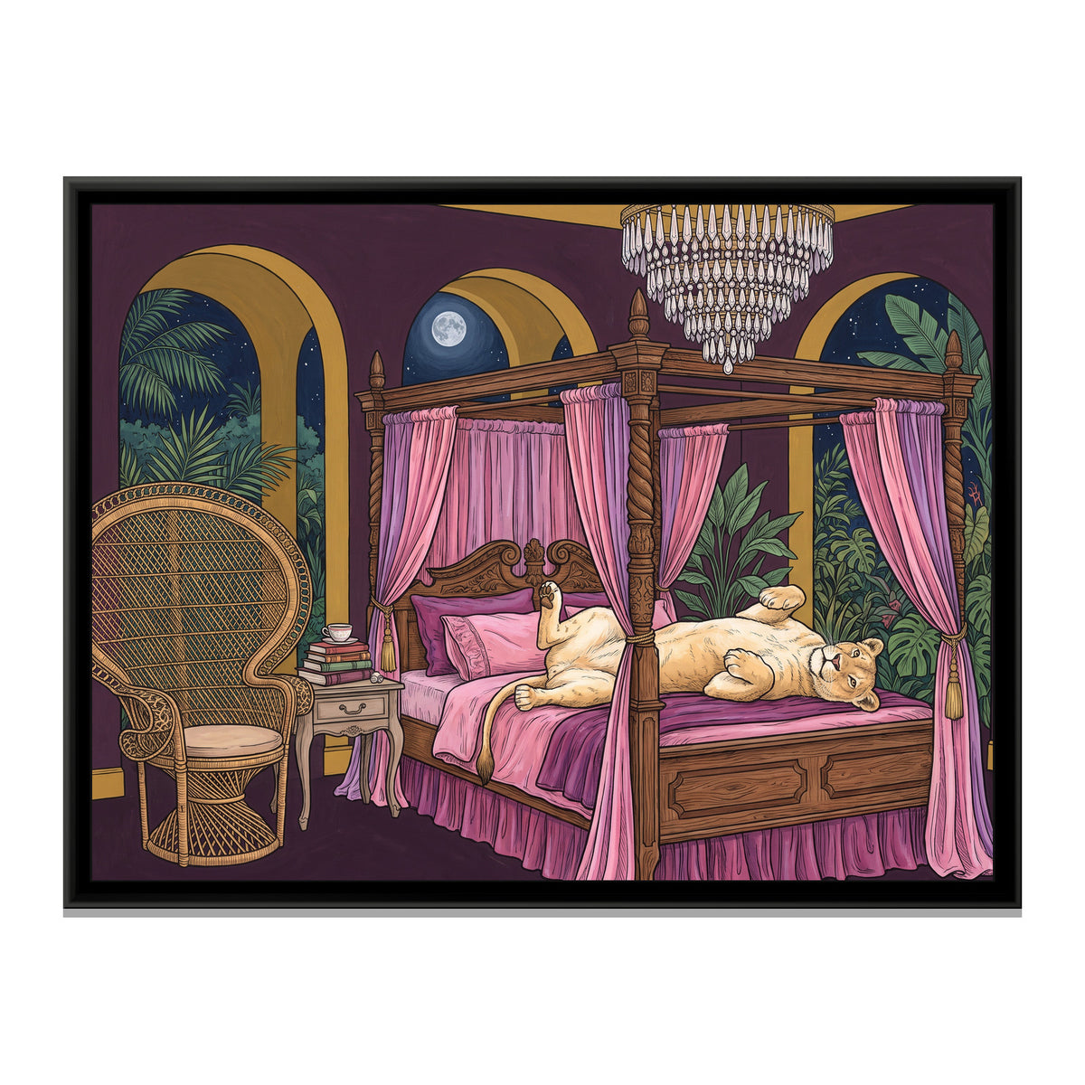 Lioness on a Four-Poster Bed in Aubergine and Mustard - framed canvas print, front view