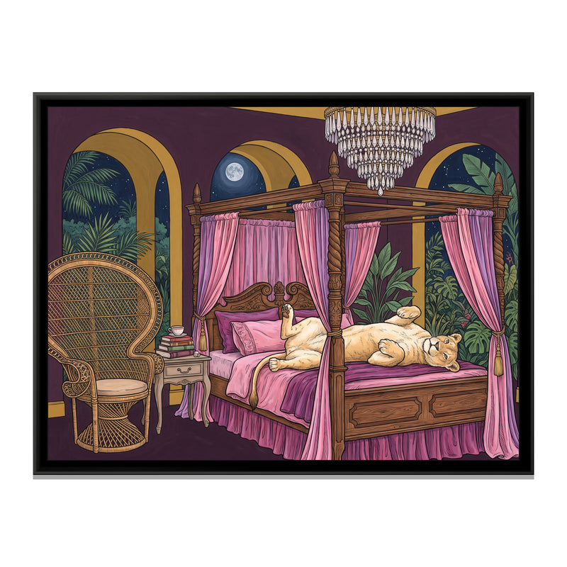 Lioness on a Four-Poster Bed in Aubergine and Mustard - framed canvas print, front view
