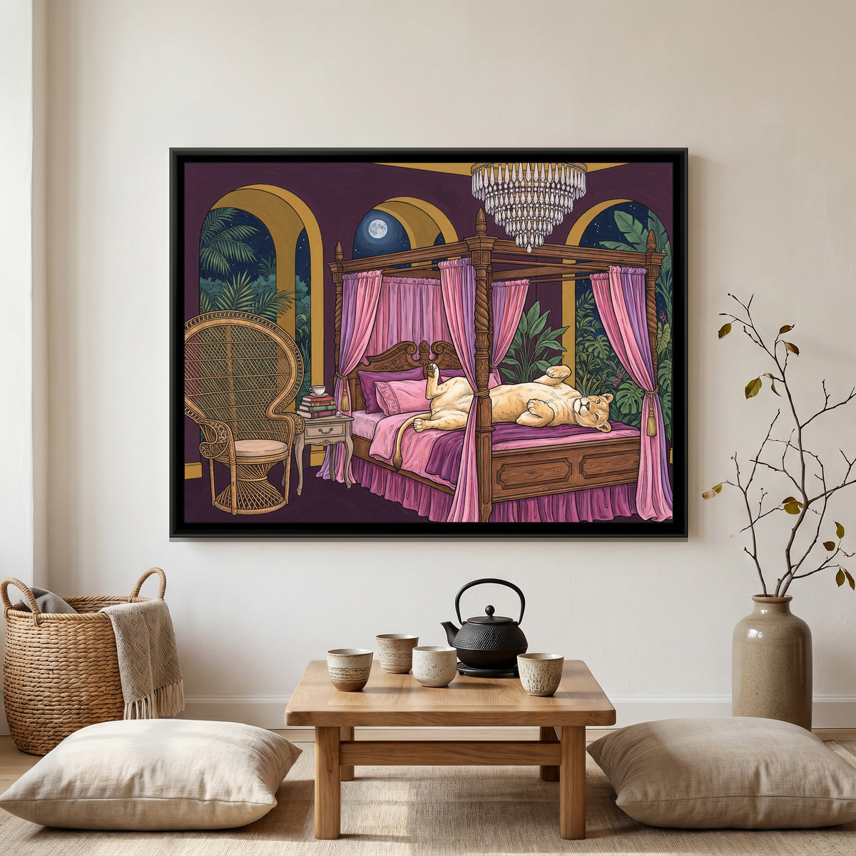 Lioness on a Four-Poster Bed in Aubergine and Mustard - canvas art shown in a second room setting
