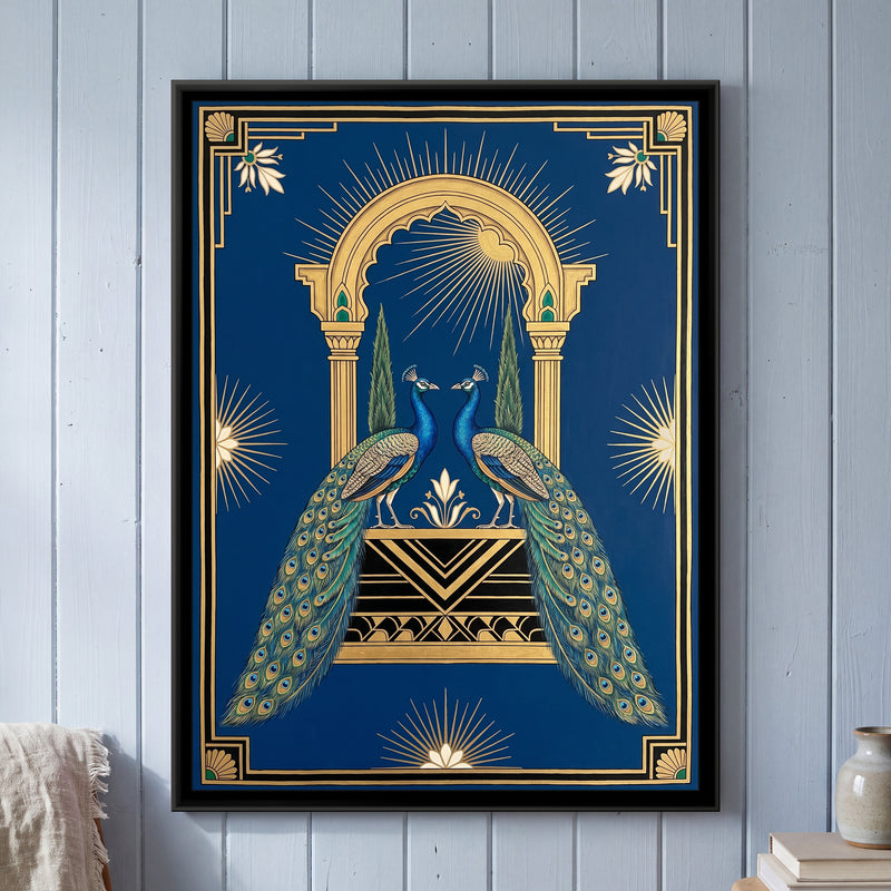 Peacocks at a Deco Jharokha in Deep Sapphire - framed canvas art hung on a wall