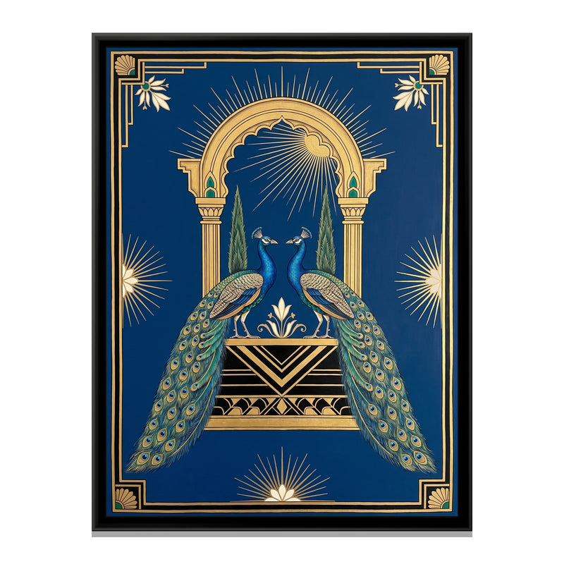 Peacocks at a Deco Jharokha in Deep Sapphire - framed canvas print, front view