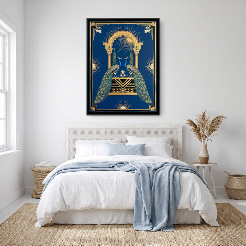 Peacocks at a Deco Jharokha in Deep Sapphire - canvas art shown in a styled room
