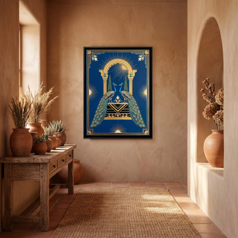 Peacocks at a Deco Jharokha in Deep Sapphire - canvas art shown in a second room setting