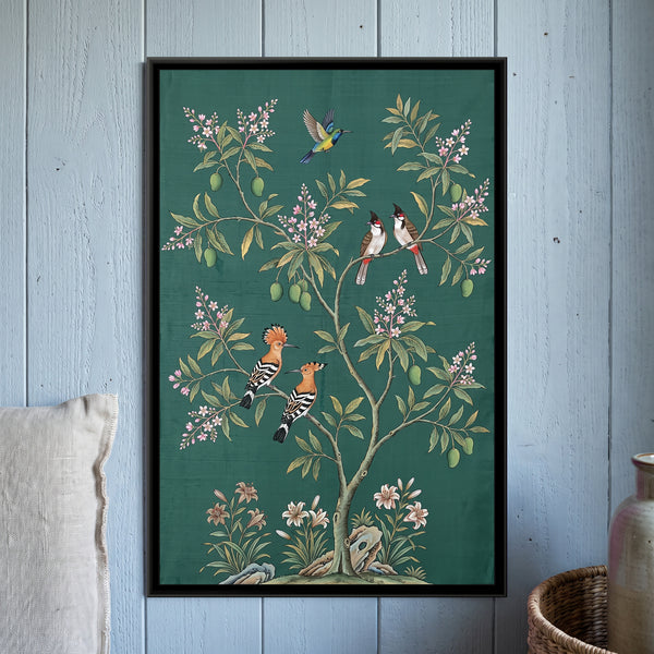 Hoopoes in a Flowering Mango Tree on Jade Silk