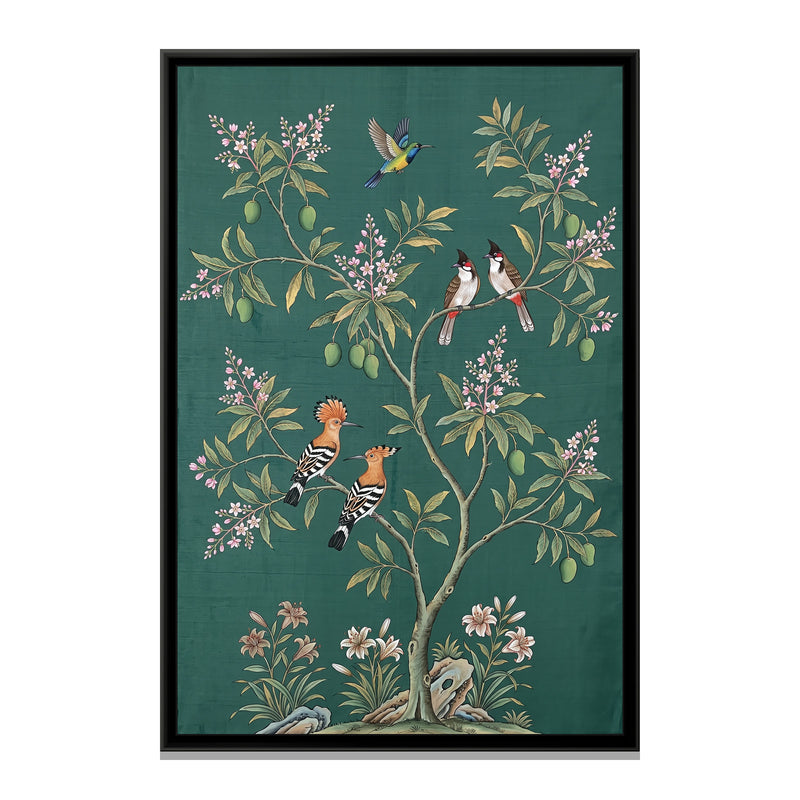Hoopoes in a Flowering Mango Tree on Jade Silk - framed canvas print, front view