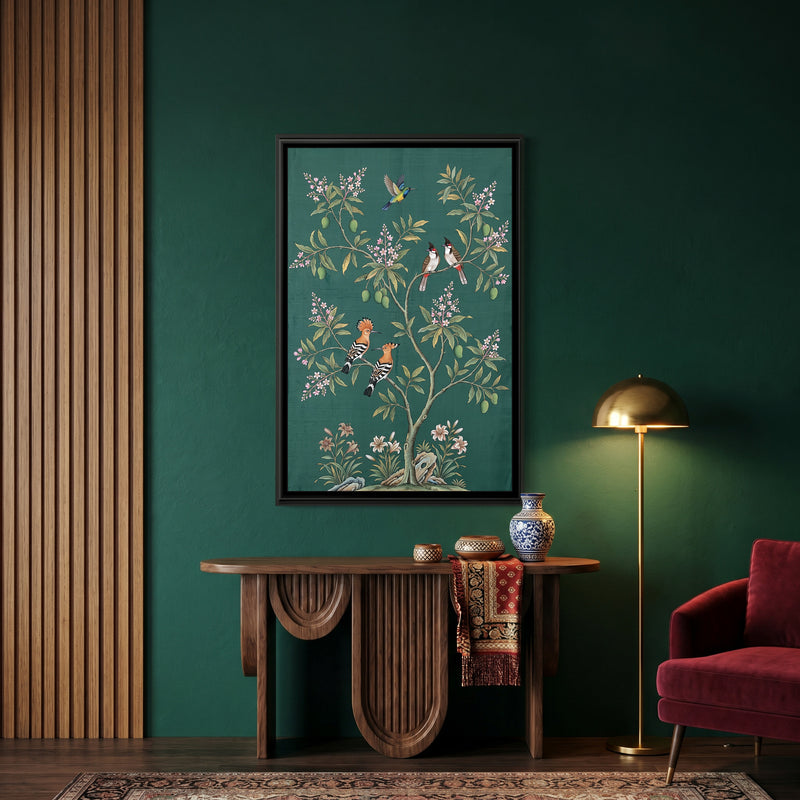 Hoopoes in a Flowering Mango Tree on Jade Silk - canvas art shown in a styled room