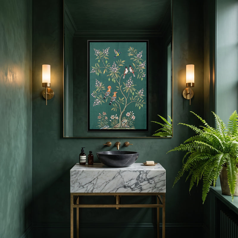 Hoopoes in a Flowering Mango Tree on Jade Silk - canvas art shown in a second room setting