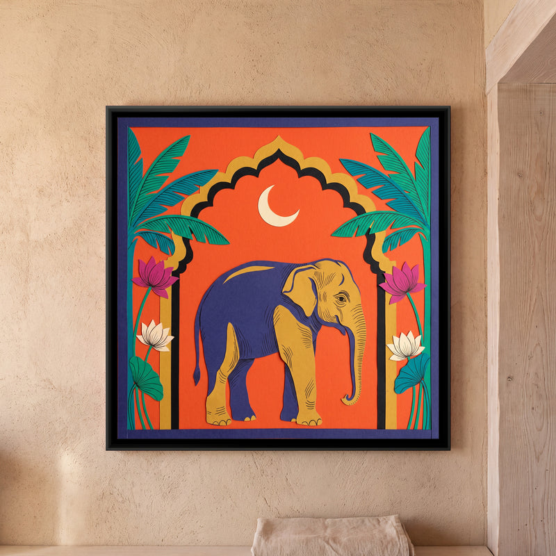 Elephant under a Palm Arch in Cut Paper - framed canvas art hung on a wall