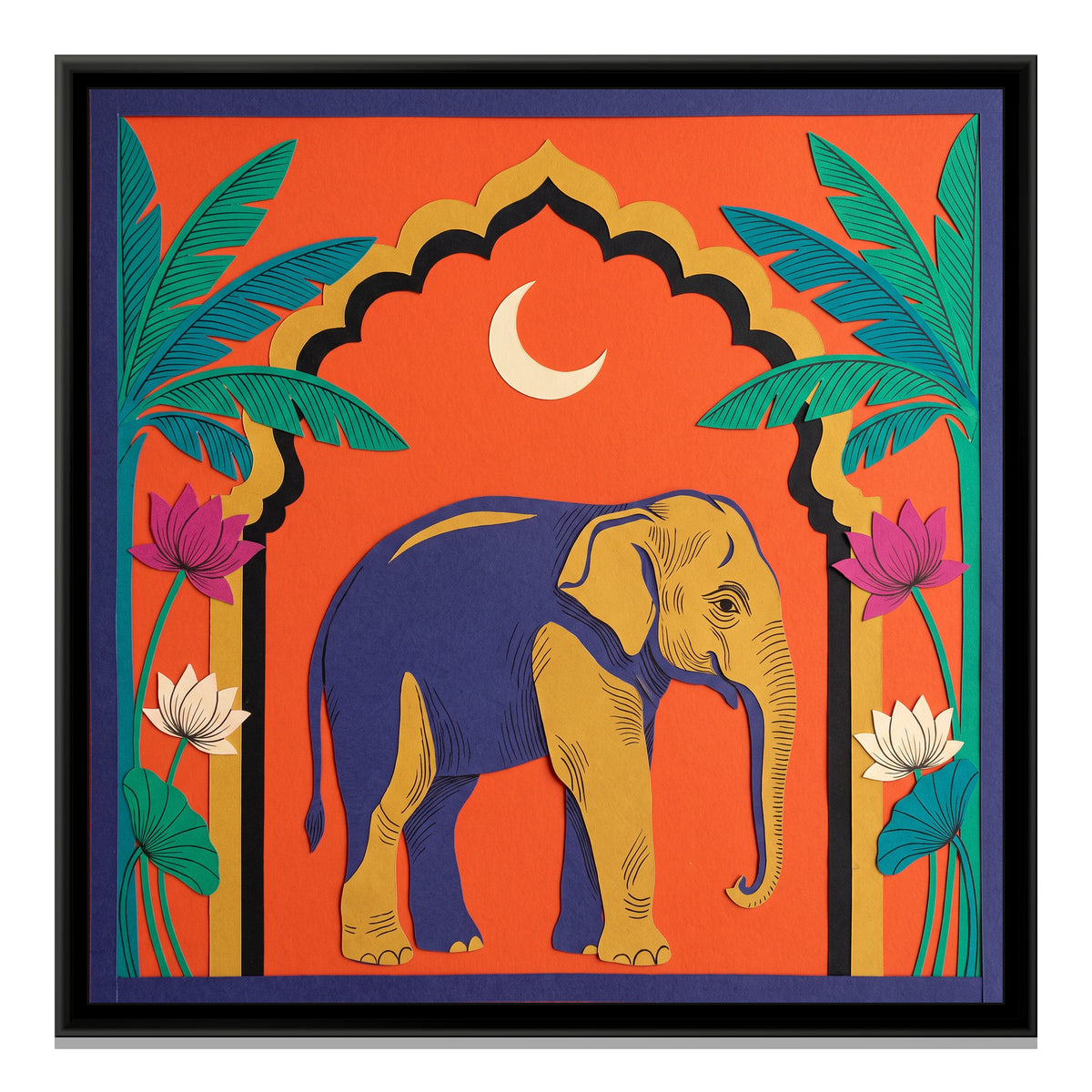 Elephant under a Palm Arch - framed canvas print, front view