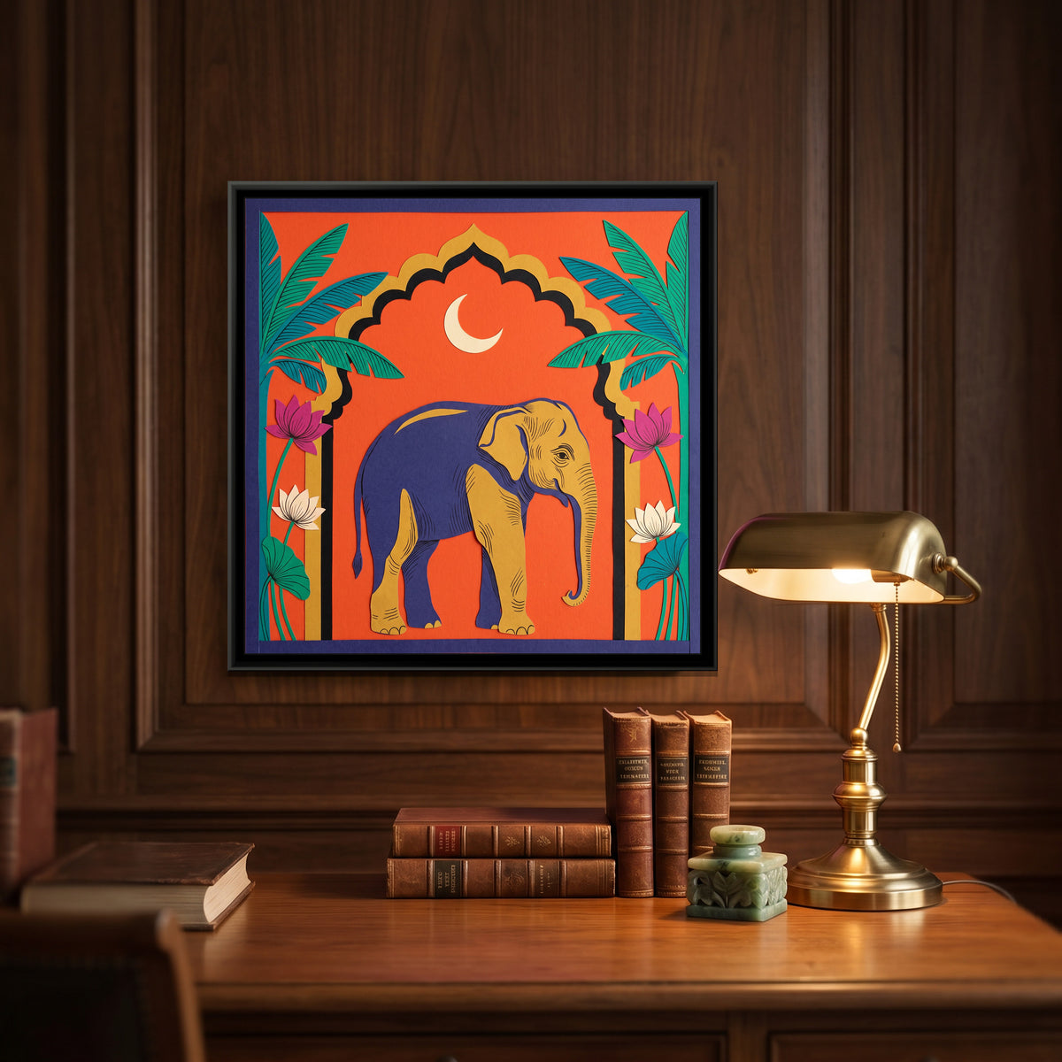 Elephant under a Palm Arch - canvas art shown in a second room setting