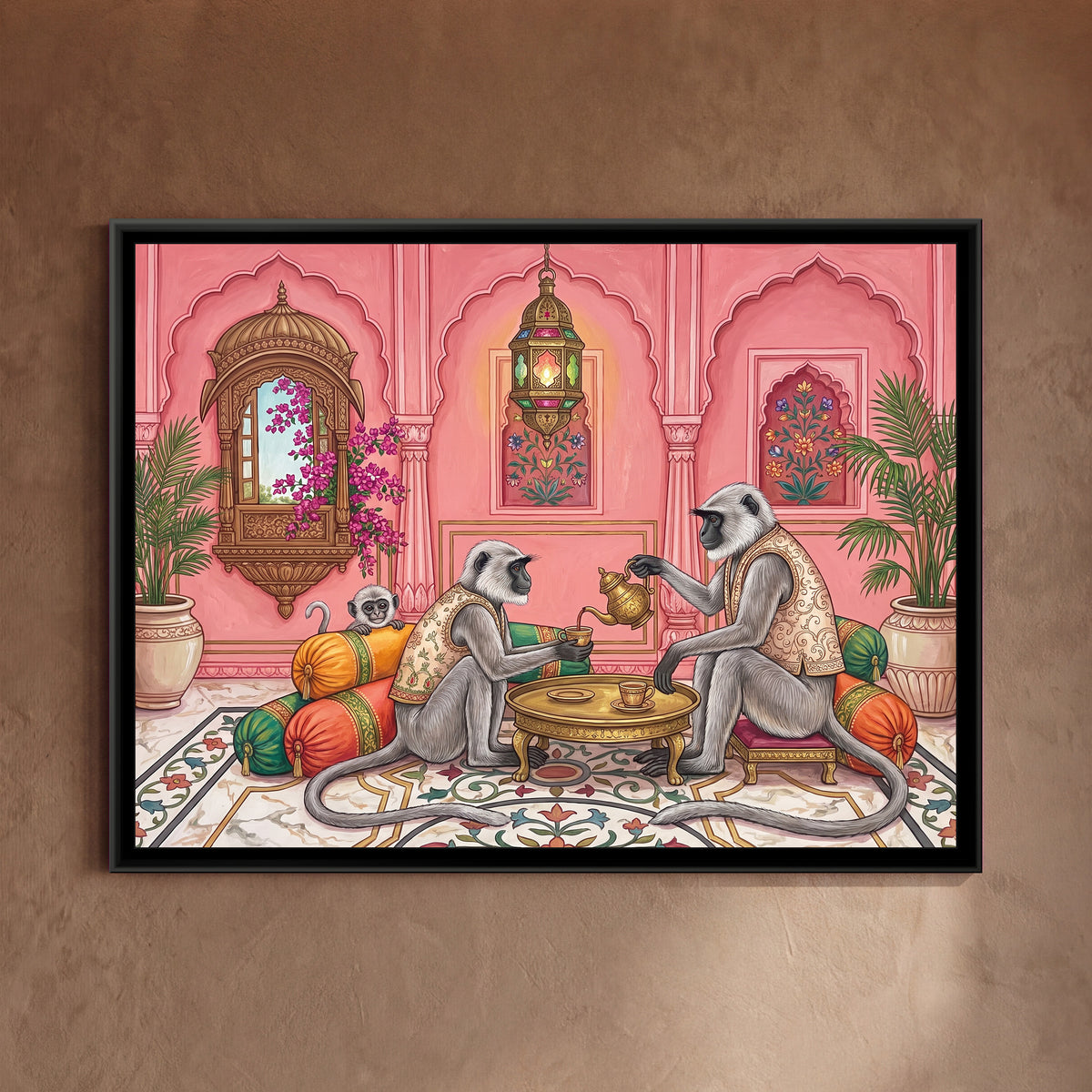 Langurs at Tea in a Pink-City Salon - framed canvas art hung on a wall