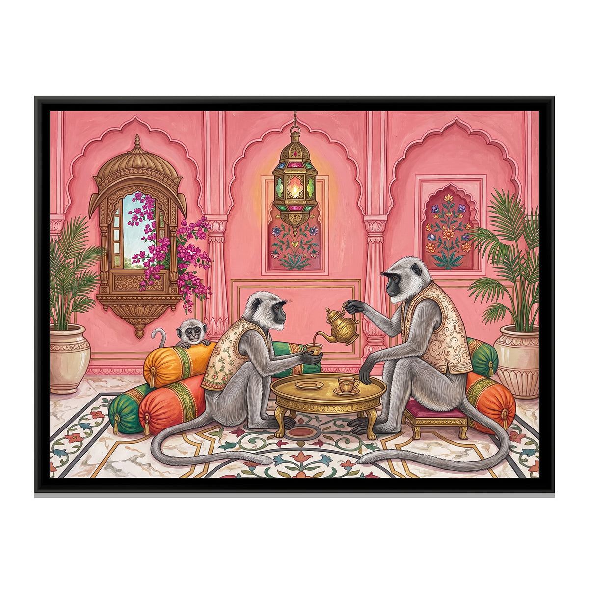 Langurs at Tea in a Pink-City Salon - framed canvas print, front view