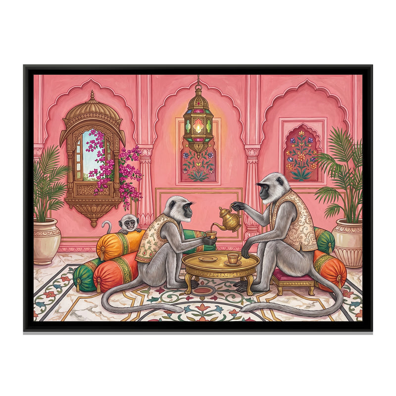 Langurs at Tea in a Pink-City Salon - framed canvas print, front view