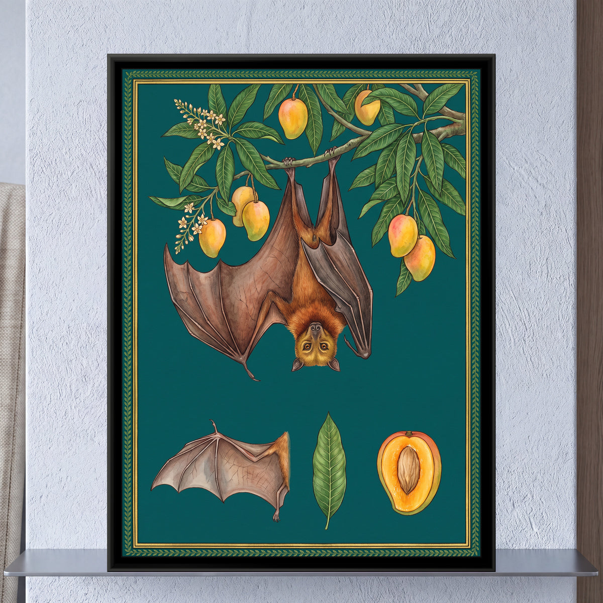 Flying Fox and Mango Branch Study on Deep Teal - framed canvas art hung on a wall