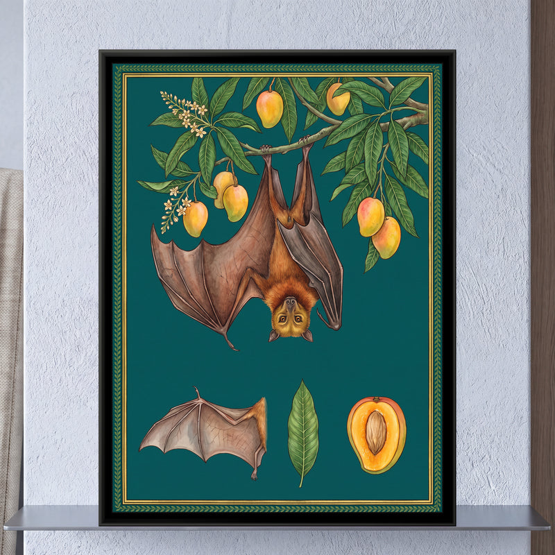 Flying Fox and Mango Branch Study on Deep Teal - framed canvas art hung on a wall