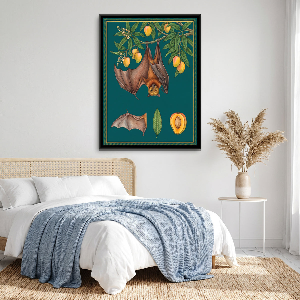Flying Fox and Mango Branch Study on Deep Teal - canvas art shown in a styled room