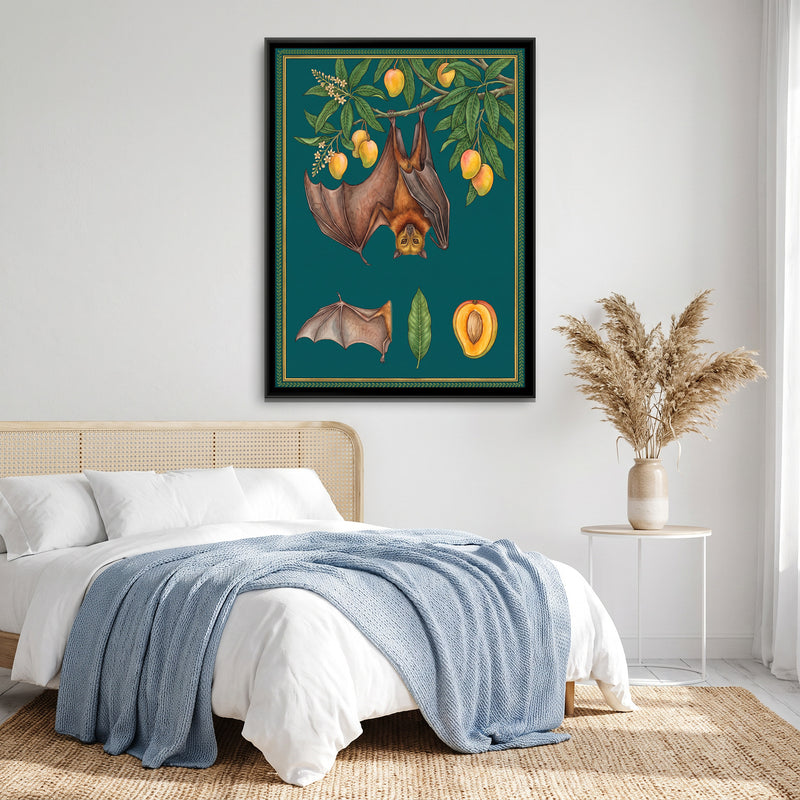 Flying Fox and Mango Branch Study on Deep Teal - canvas art shown in a styled room