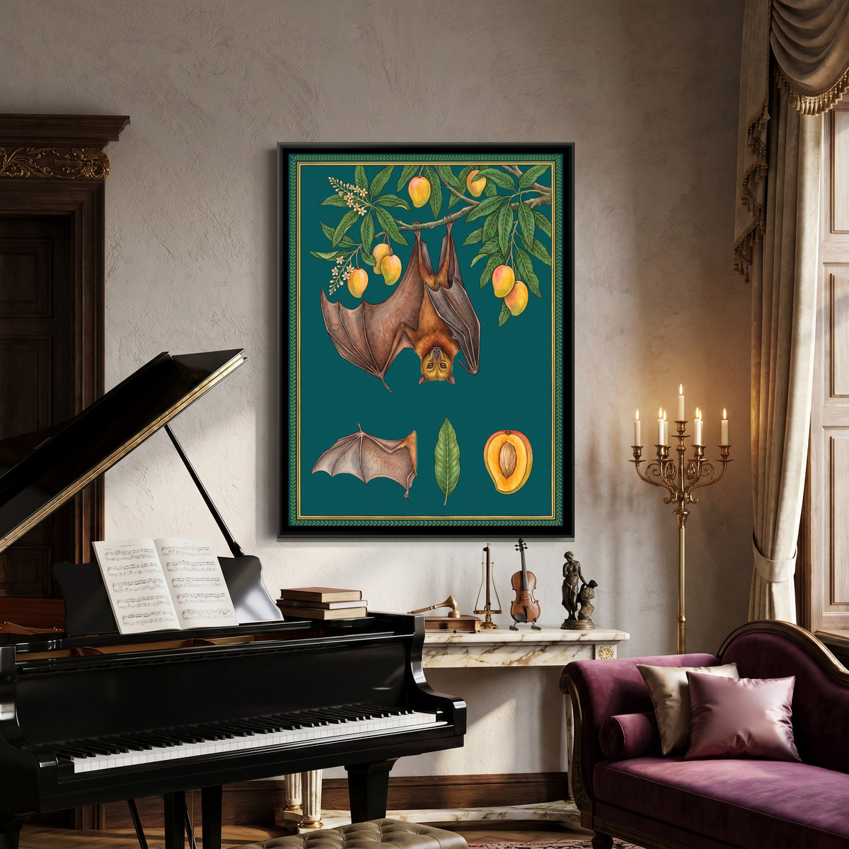 Flying Fox and Mango Branch Study on Deep Teal - canvas art shown in a second room setting